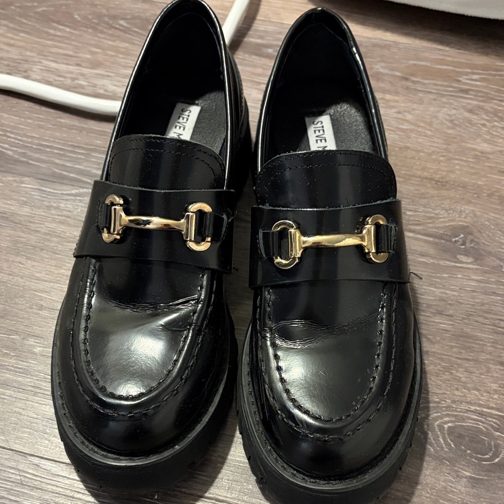 Steve Madden Black Loafers with Gold Buckle